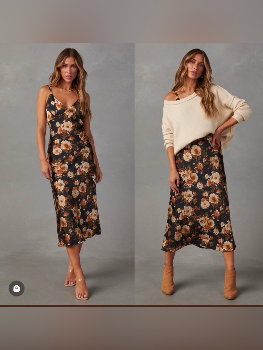 Blu Pepper Floral Satin Midi Skirt - Black with Brown & Cream Blooms - Picture 1 of 6